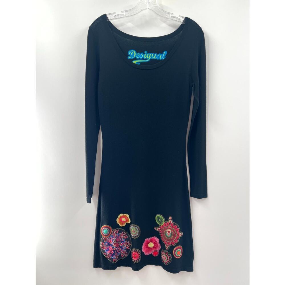 Desigual Women's Black Floral Embroidered Long Sleeve Sweater Dress Size Medium